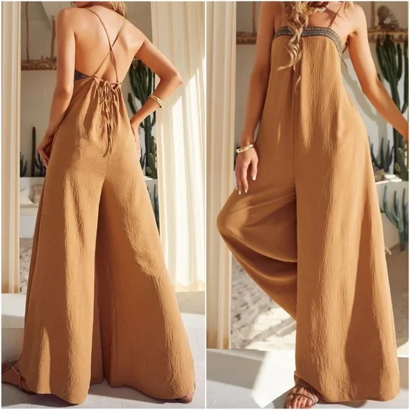 Boho Lace up Casual Wide Leg Jumper Jumpsuit